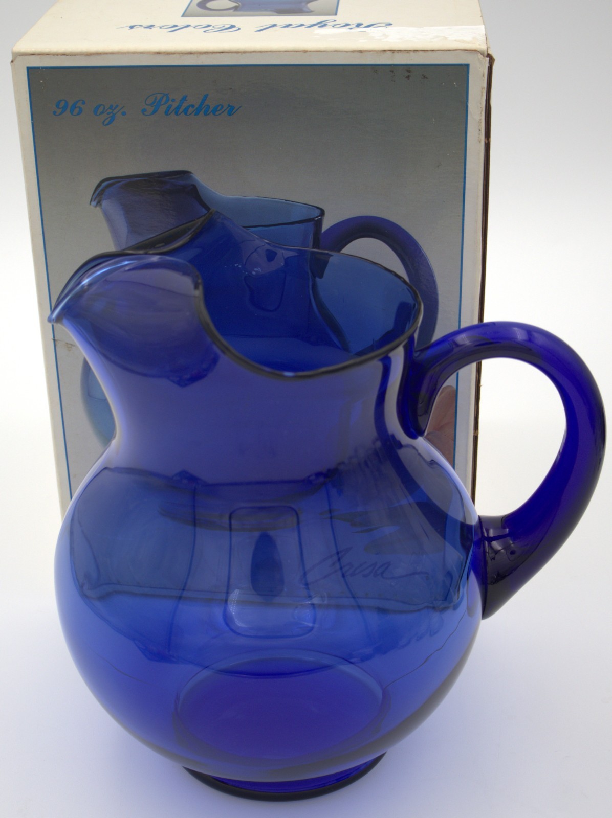 Vintage Crisa Royal Colors Cobalt Blue 96oz Glass Pitcher Handblown Mexico w Box