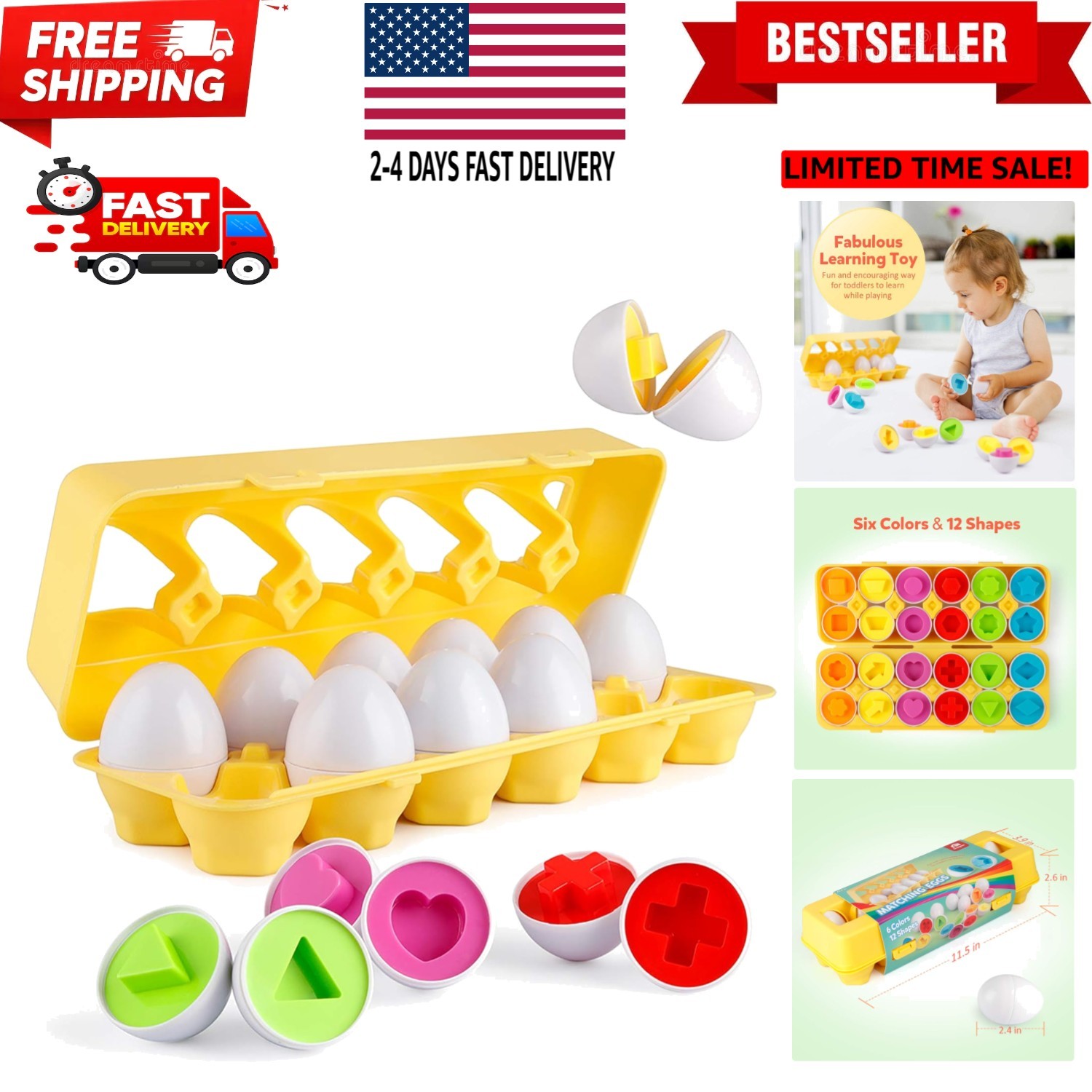 Matching Eggs 12 pcs Set Color & Shape Recoginition Sorter Puzzle for Toddler...