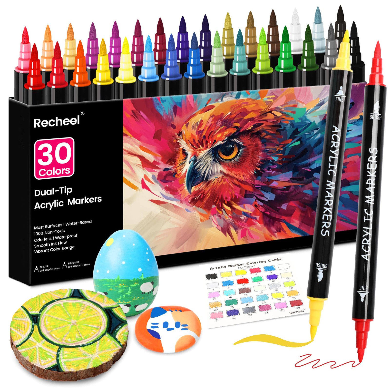 Recheel 30 Colors Acrylic Paint Markers, Dual 1 Count (Pack of 30), 30 