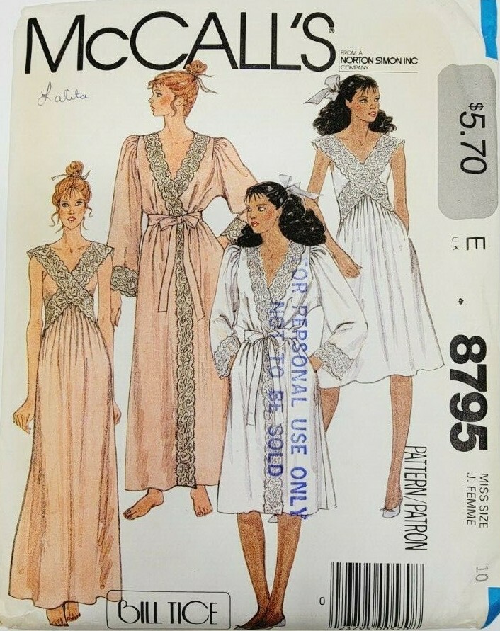 McCalls 8795 Misses Lacy Nightgown Negligee Robe sewing Pattern BILL TICE sz 10