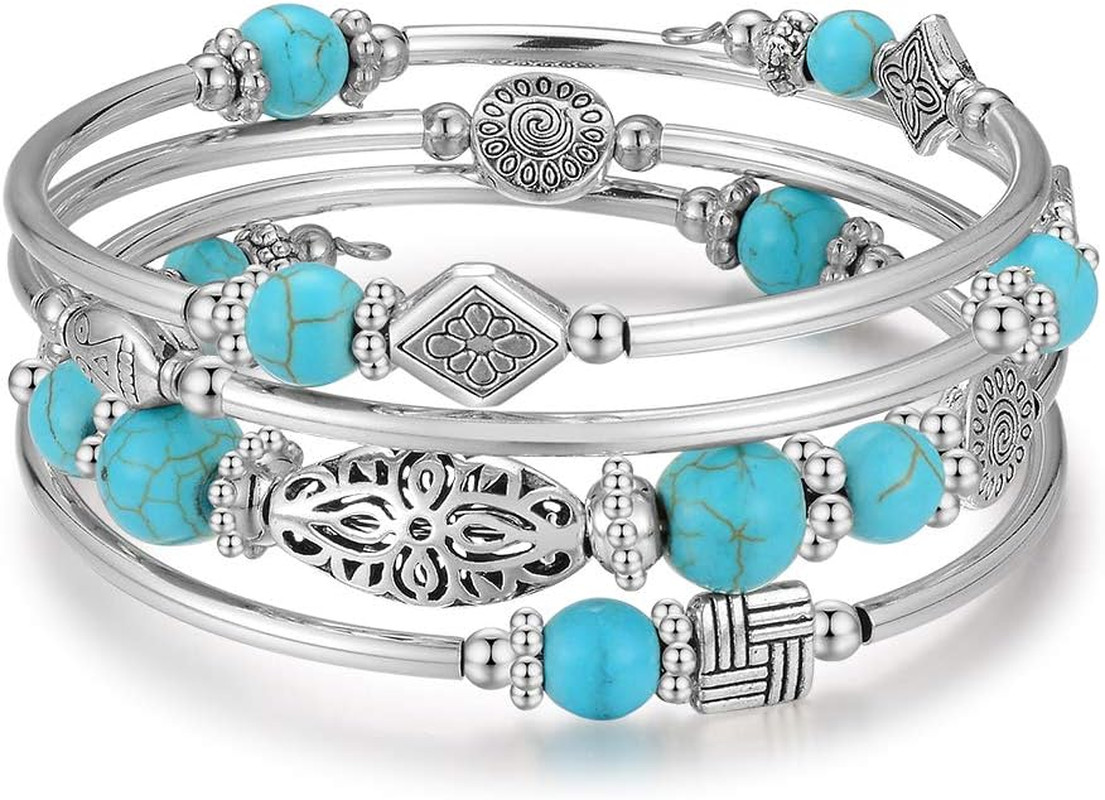 Layered Wrap Bangle Turquoise Bracelet - Bead Bracelet with Natural Agate Stone,