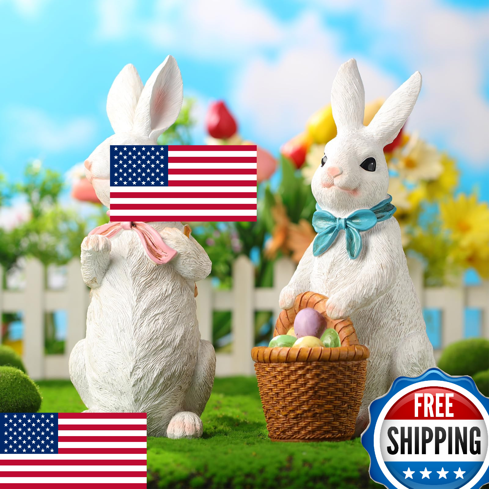 Wenqik 2Pcs 12" Easter Bunny Resin Figurines Decor Egg Carrot Spring Tabletop