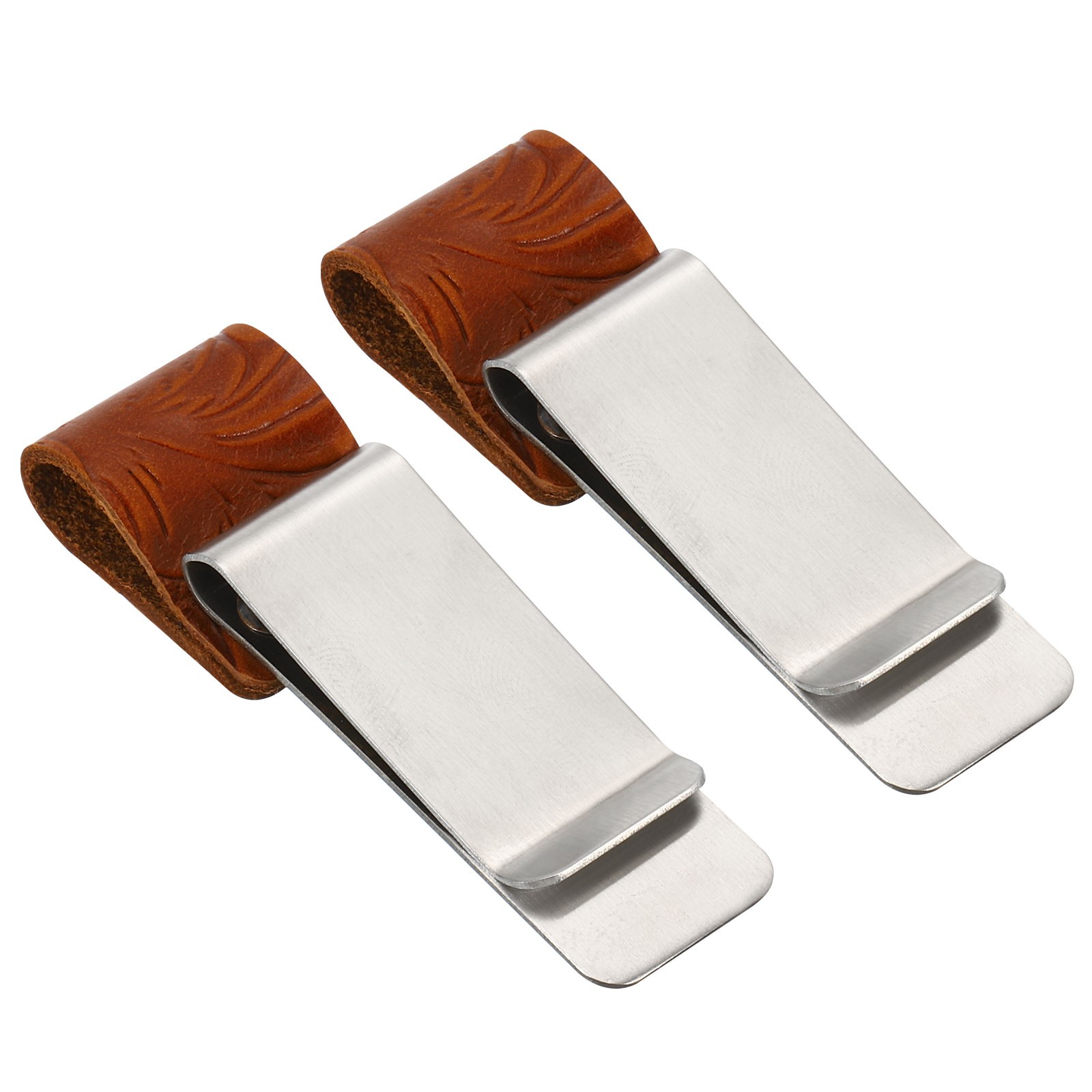 Pen Holder Clip 2pcs Stainless Steel Pencil Circle with Leather Brown Sleeve