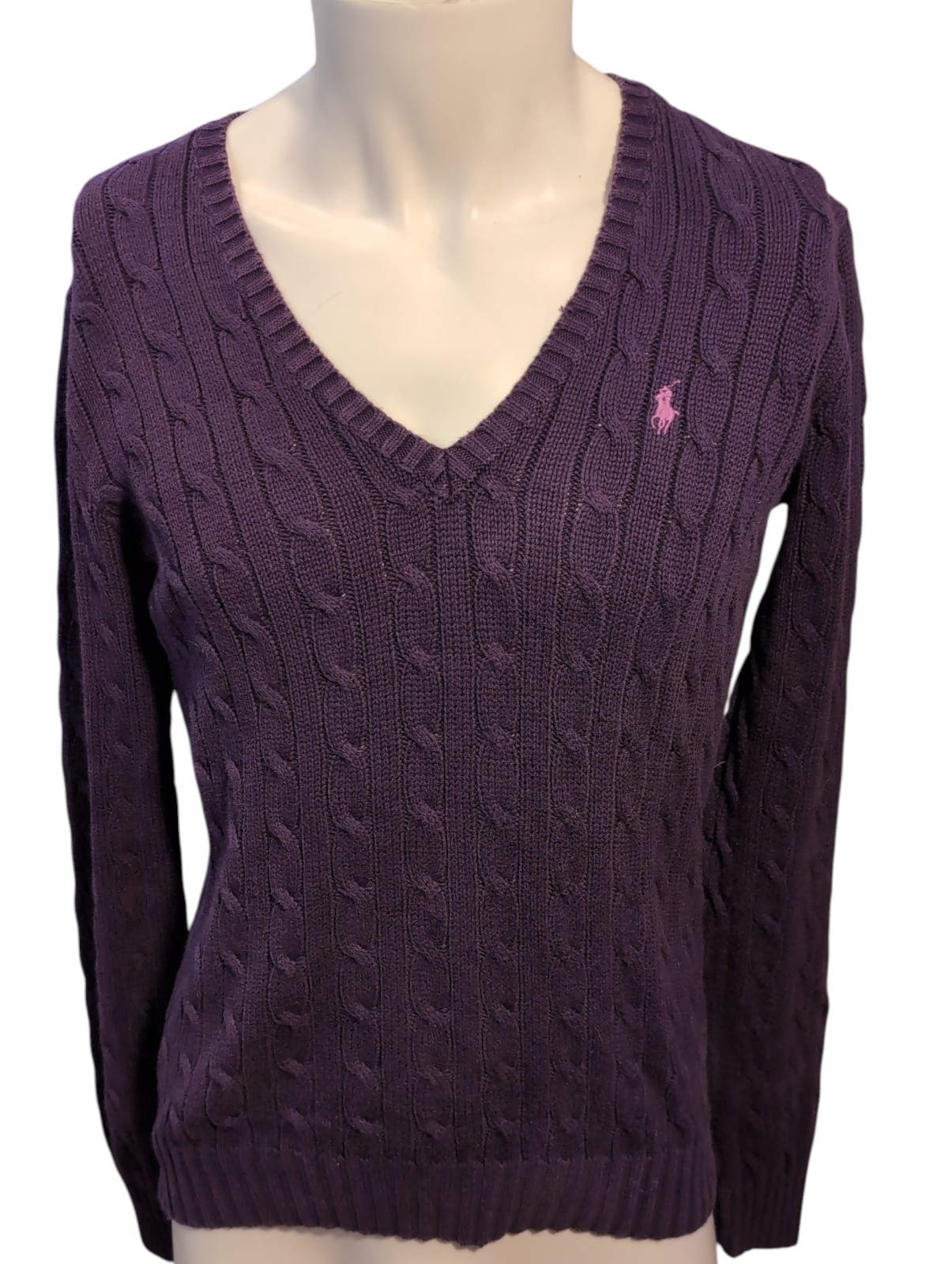 Polo Ralph Lauren Sport Jumper Womens L Purple Cable Knit V-Neck Logo Sweater