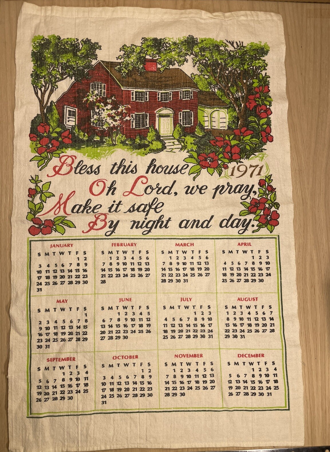 Vtg 1971 Calendar Tea Dish Towel Bless This House