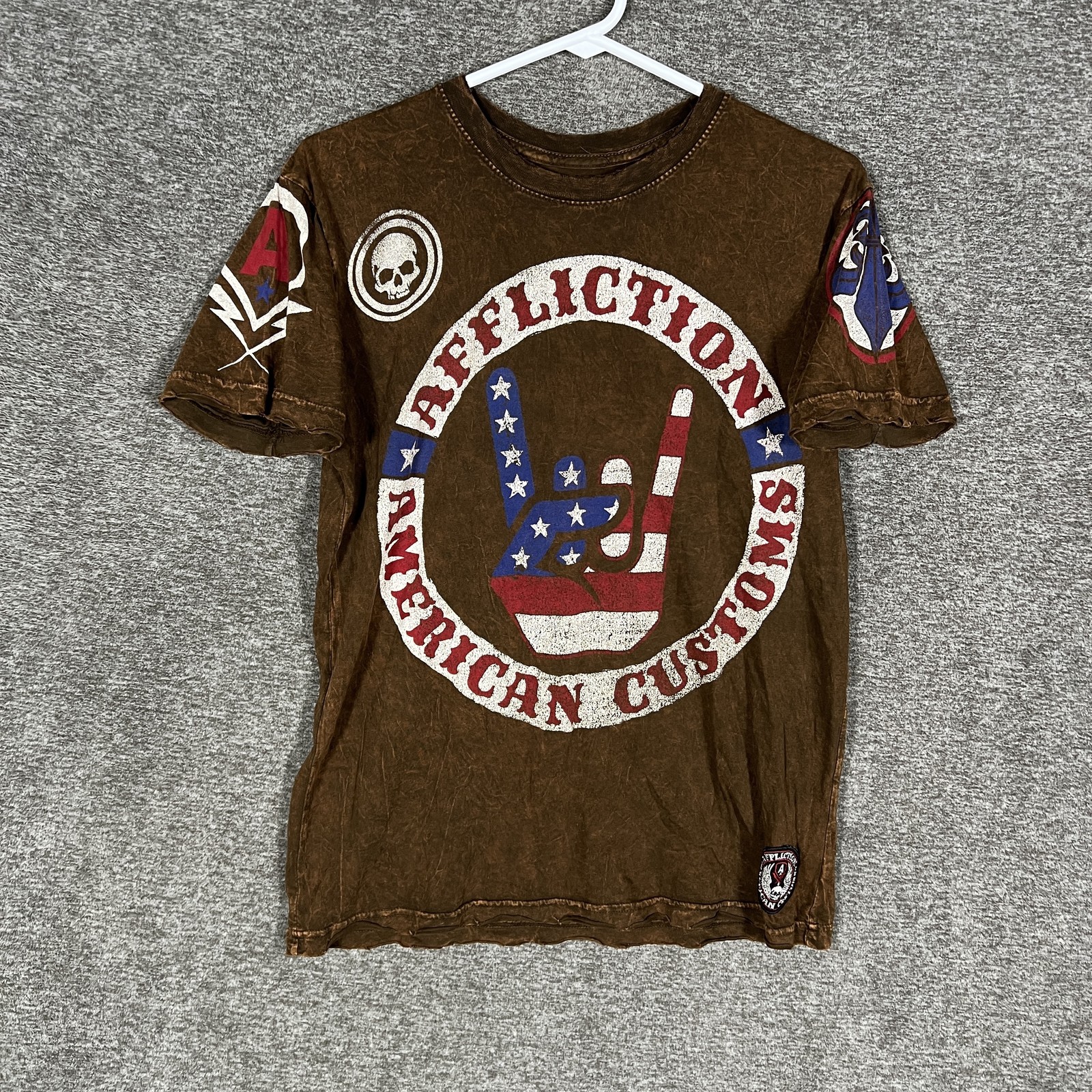 Affliction Shirt Mens Small Brown American Customs Flag Skull Graphic Tee
