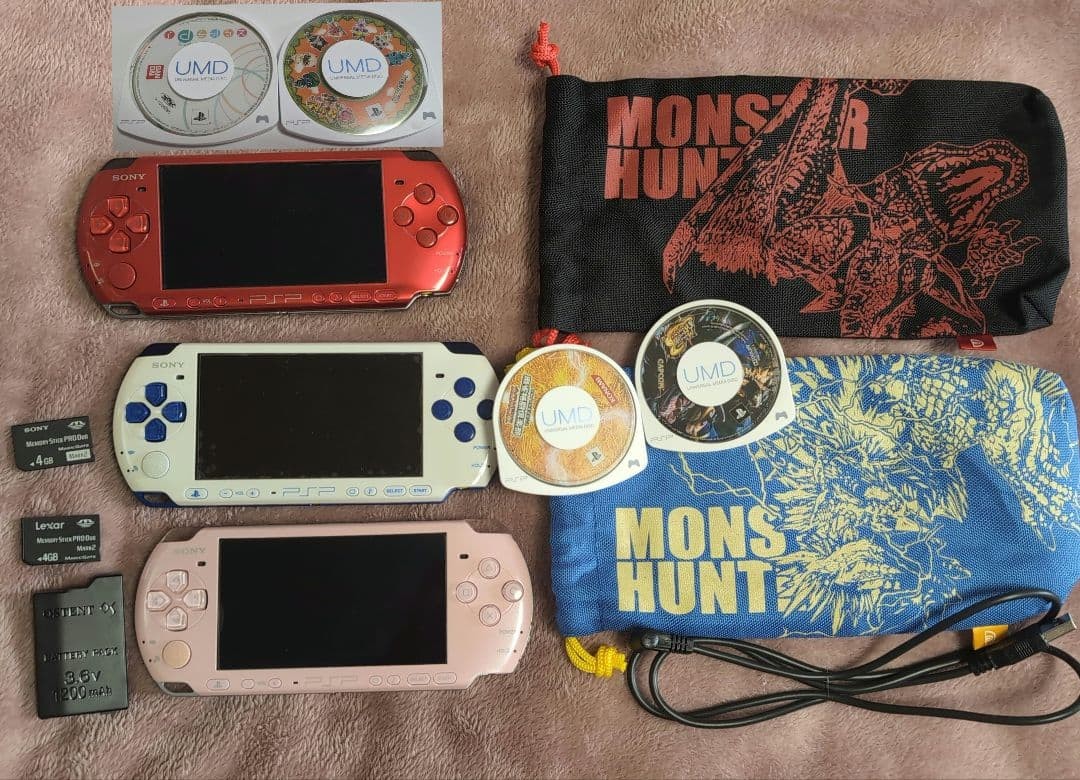 Sony PSP-3000 Console Lot Pink Red White Blue w/ 4 Games Memory Stick Battery