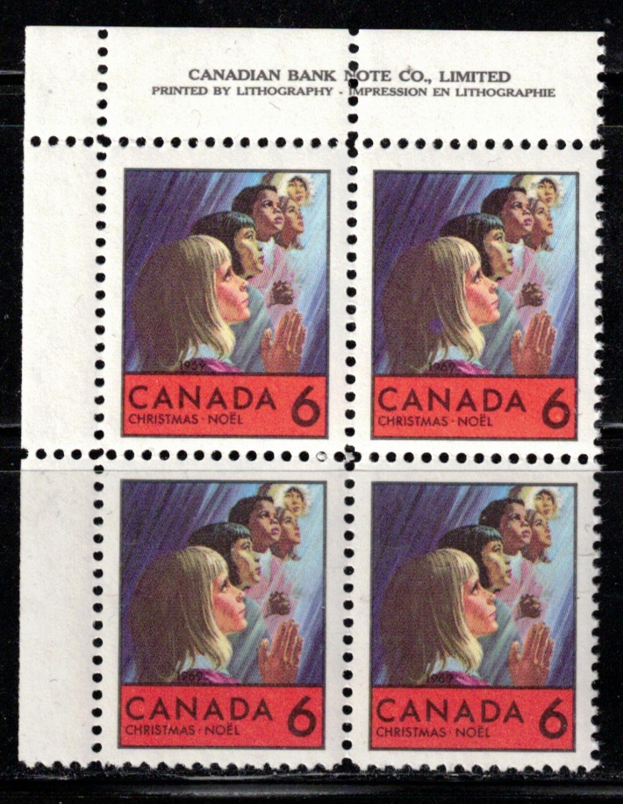 CANADA - SCOTT 503 - VFNH - UL PLATE BLOCK - CHRISTMAS - CHILDREN PRAYING -1969