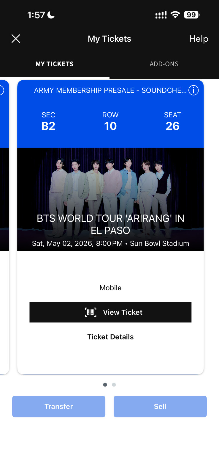 BTS VIP FLOOR TICKET - Day 1, El Paso, May 2nd, Sound Check