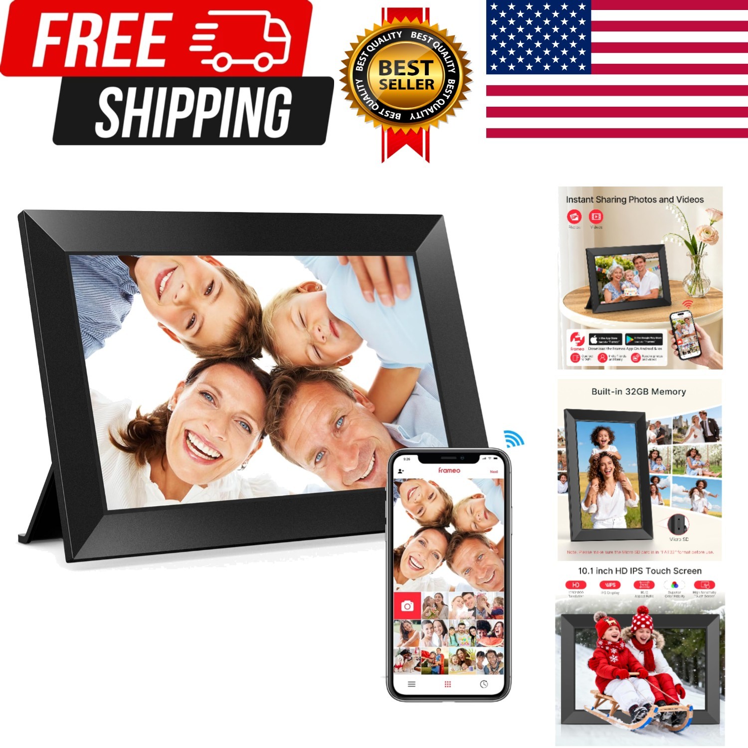 Digital Picture Frame, 10.1" Frameo Digital Frame WiFi with 32GB Memory, 1280...