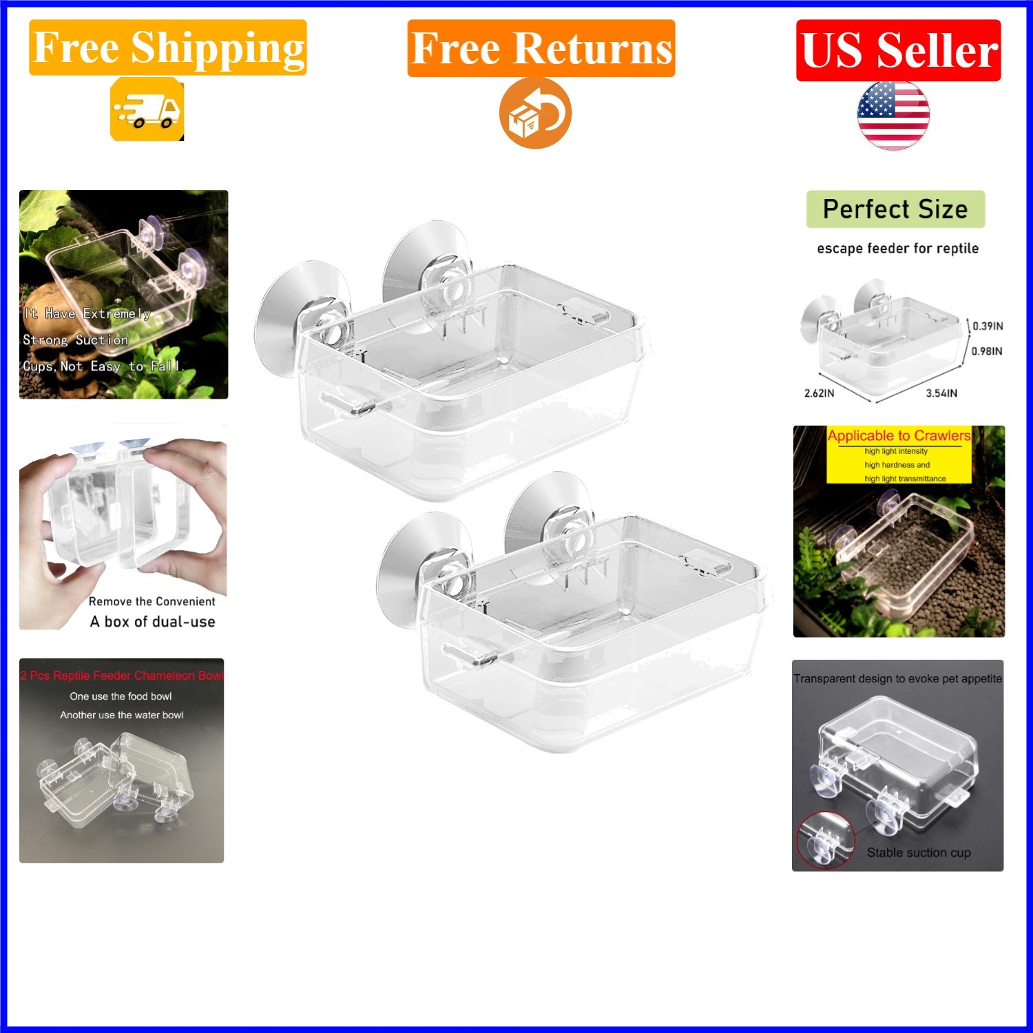 2 Pcs Reptile Food & Water Dish, Clear, Anti-Escape, Small