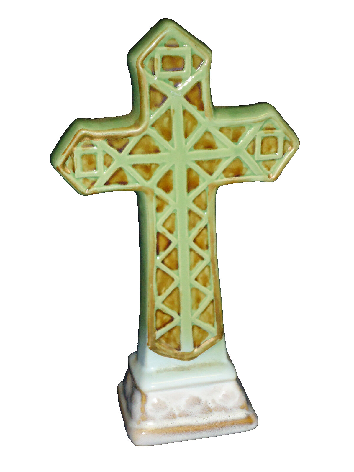 Christian Cross 7.75" ceramic GREEN  Figurine Easter Good Friday