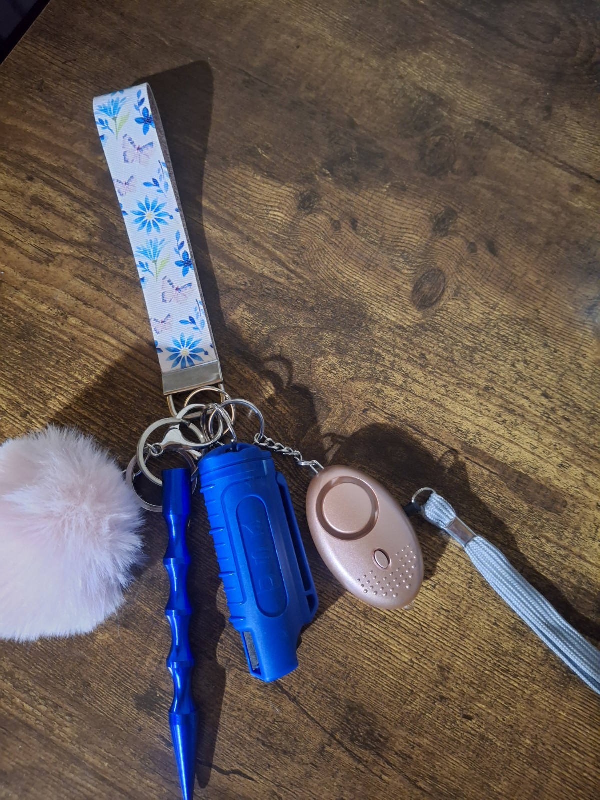 Personal Security Keychain Set with Alarm, Kubotan, Pom Pom, Butterfly Strap