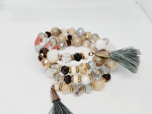 Boho Glass Stone Crystal Bead Coil Wire Wrap Tassle Bracelet  Grey Pink 