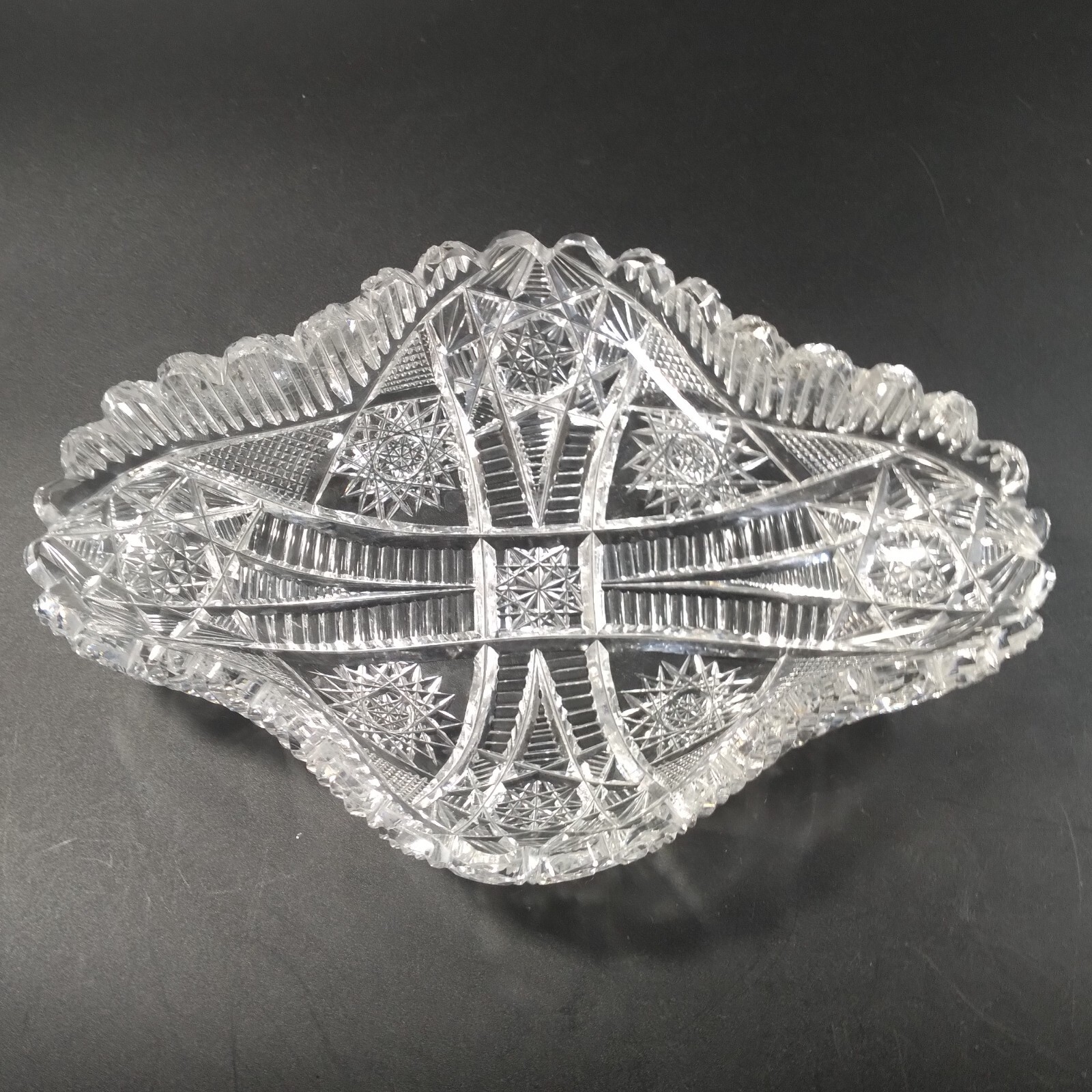 Brilliant Crystal Pickle Serving Bowl Hobstars Star Ladders Feather Notched Edge
