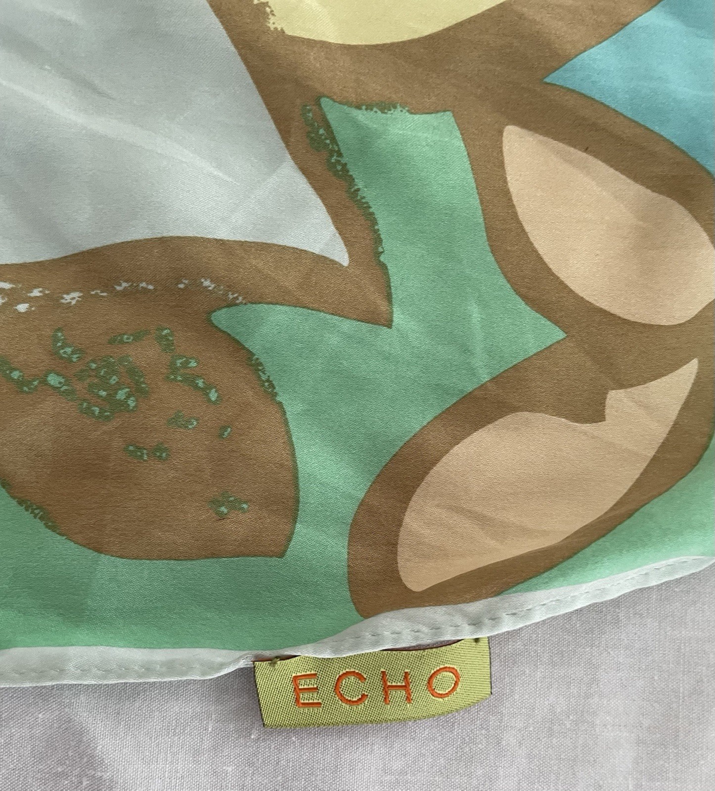 ECHO Silk Scarf Floral Abstract Botanical Teal Yellow Beige Rectangle 50x9