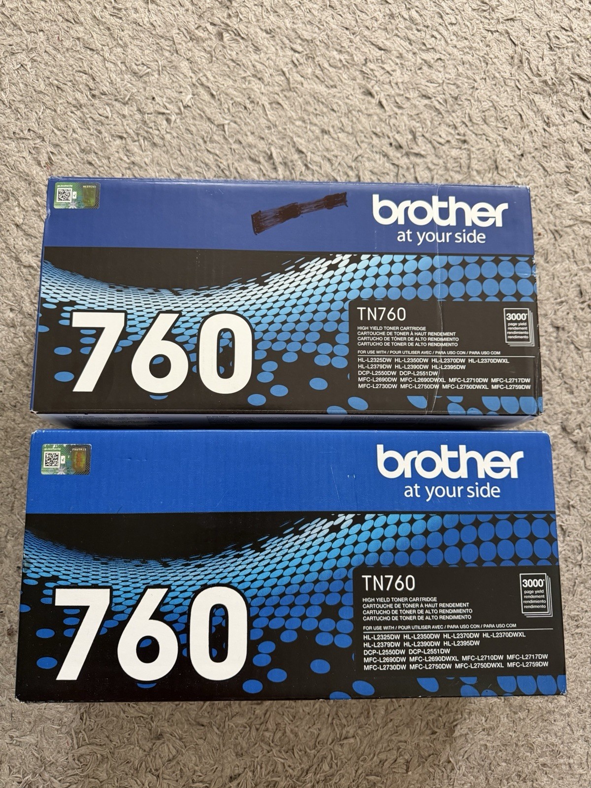 New In Box Brother TN760 High Yield Toner Cartridge For Multiple Models Lot Of 2