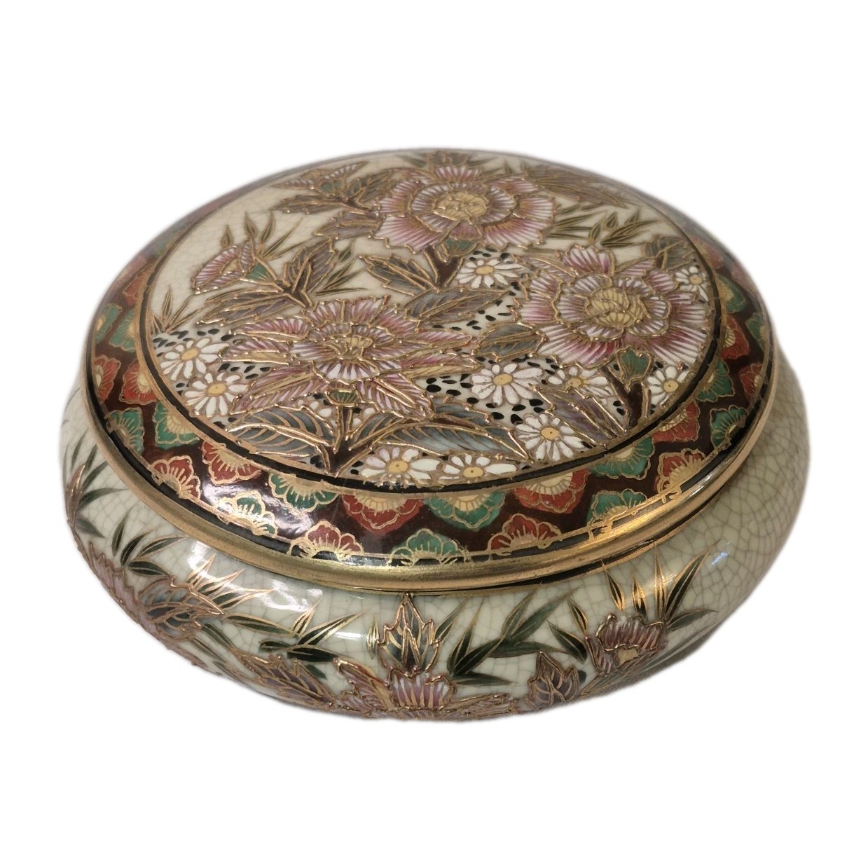 Hand Painted Porcelain Satsuma Chinese Floral Jewelry Box Gold Accents Vintage 