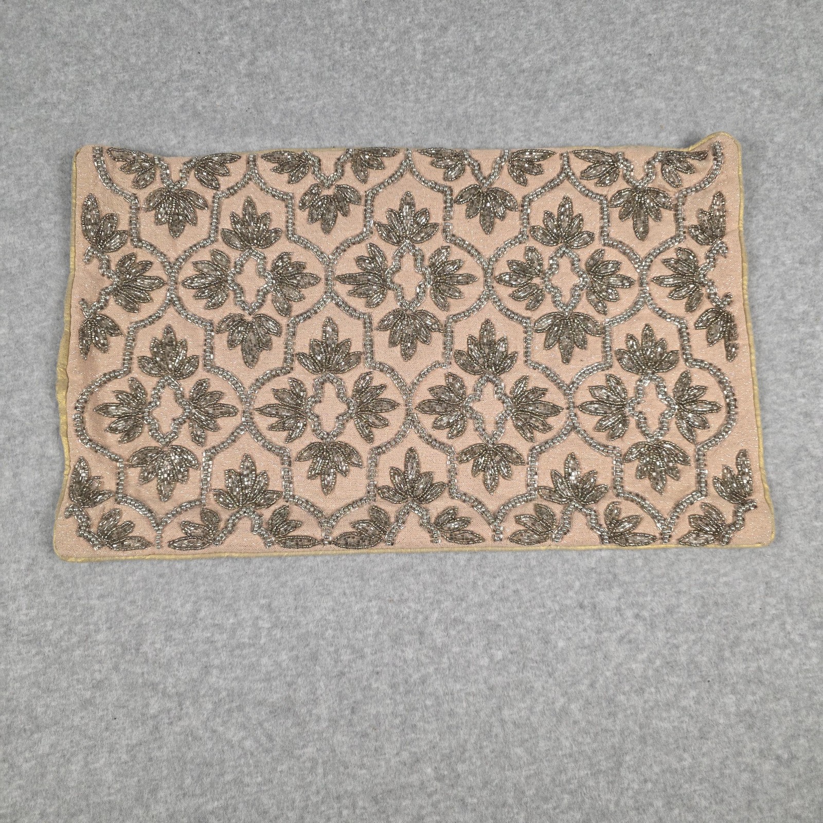 Beaded Decorative Throw Pillow Cover Floral Boho 20x12 Beige Rectangle India