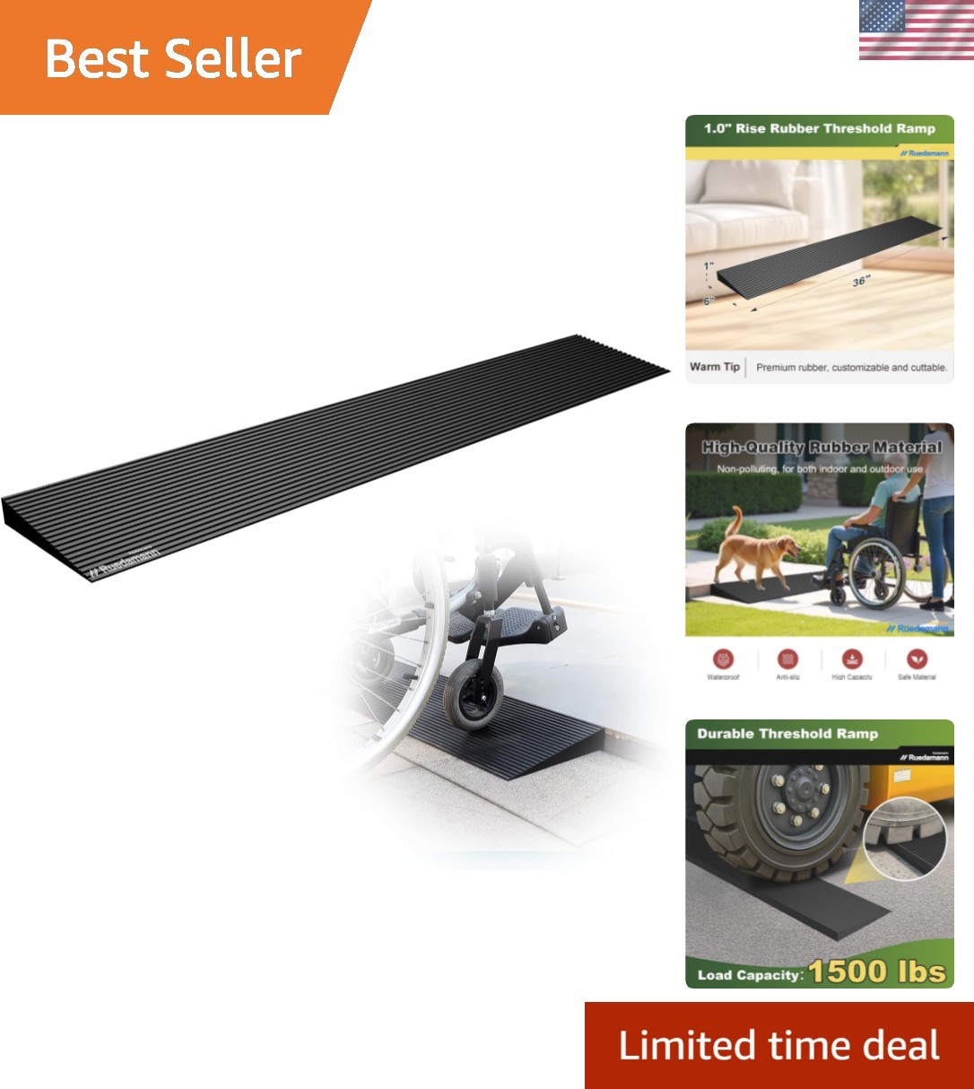 1" Rise Threshold Ramp for Doorways, Sturdy Rubber Threshold Ramp, Non-Slip P...