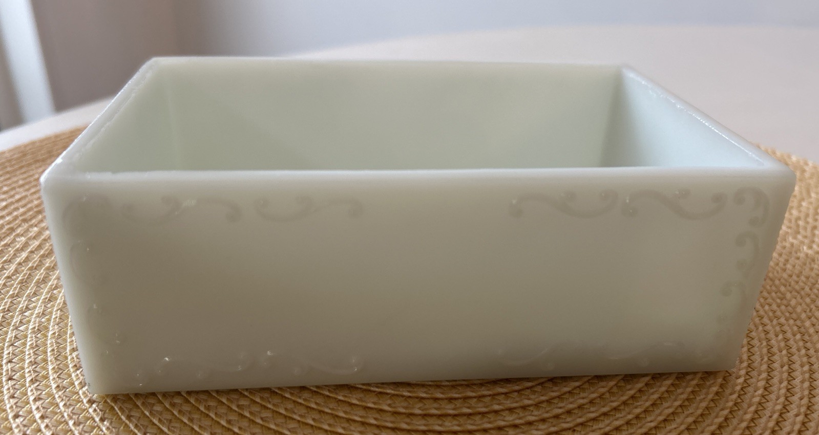 Antique Milk Glass Trinket Jewelry Box w Embossed Design 2”Hx6”Lx3.75”W