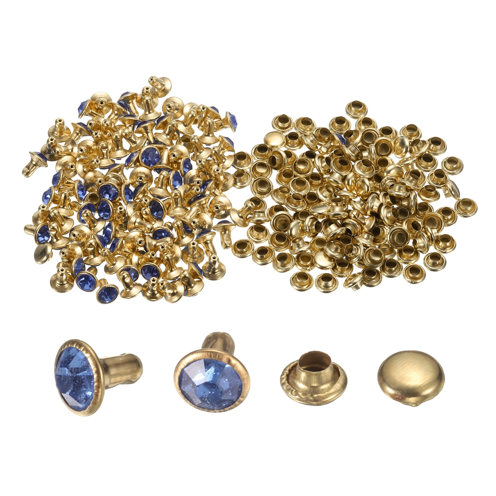 100pcs Crystal Rivets 6mm Rhinestone Rivets Rapid Stud Rivets, Light Blue/Gold