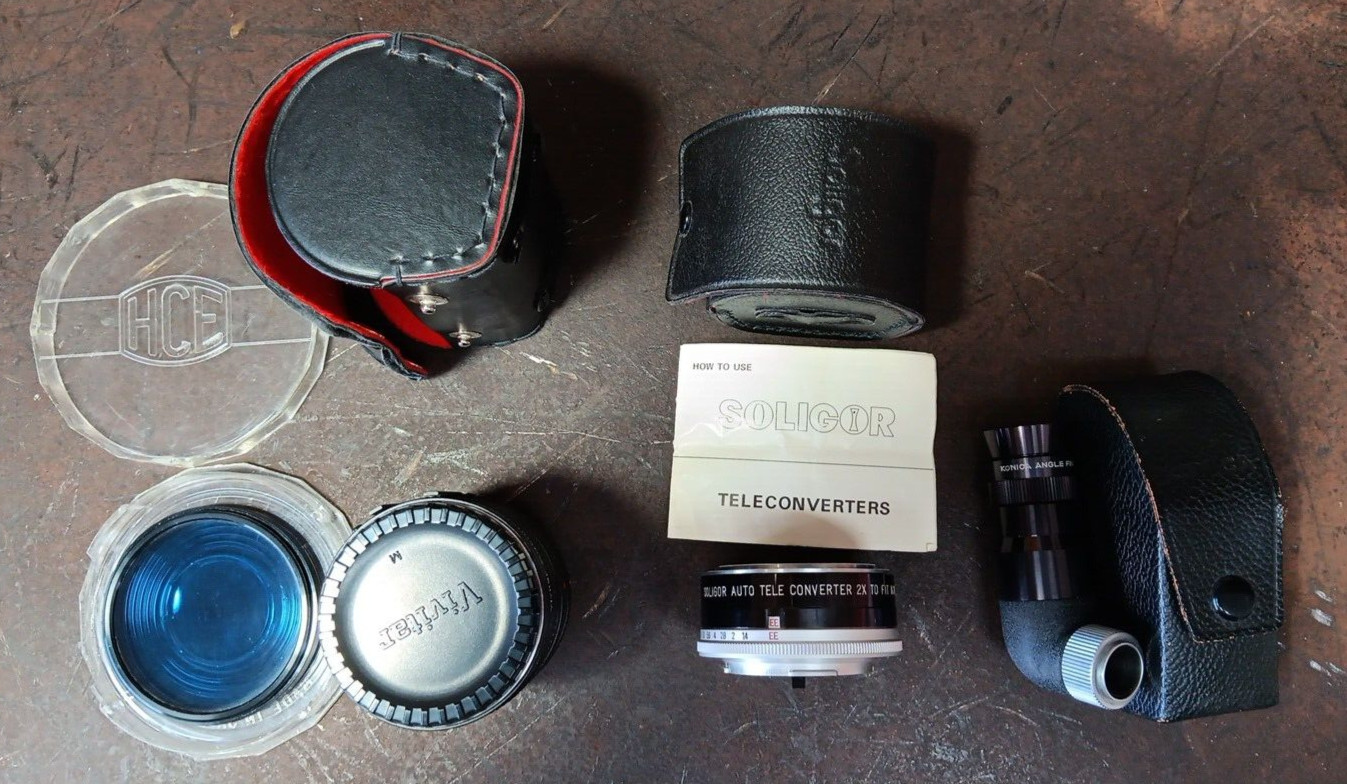 Vintage Photography parts lot. Konica, Soligor, Vivitar, HCE Camera Film.