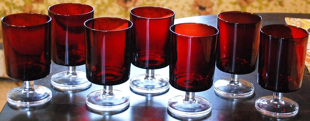 Vtg Set 7 Cristal D'Arques-Durand CAVALIER RUBY Red Wine Goblet Glass Clear Stem