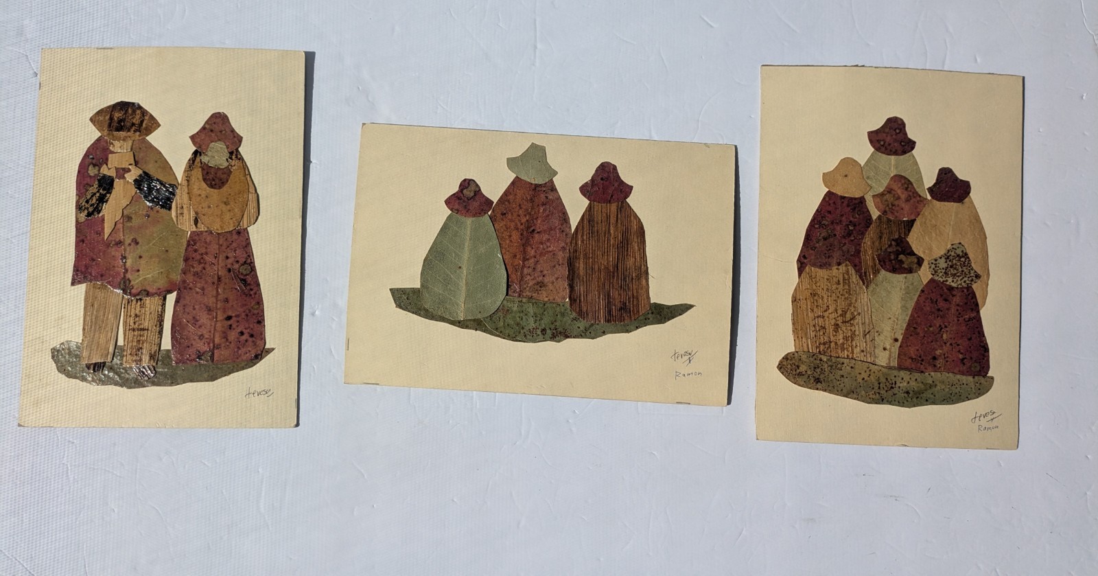 Vintage Original Natural Element Folk Art Mixed Media Leaf Bark 3 Pieces Unframe