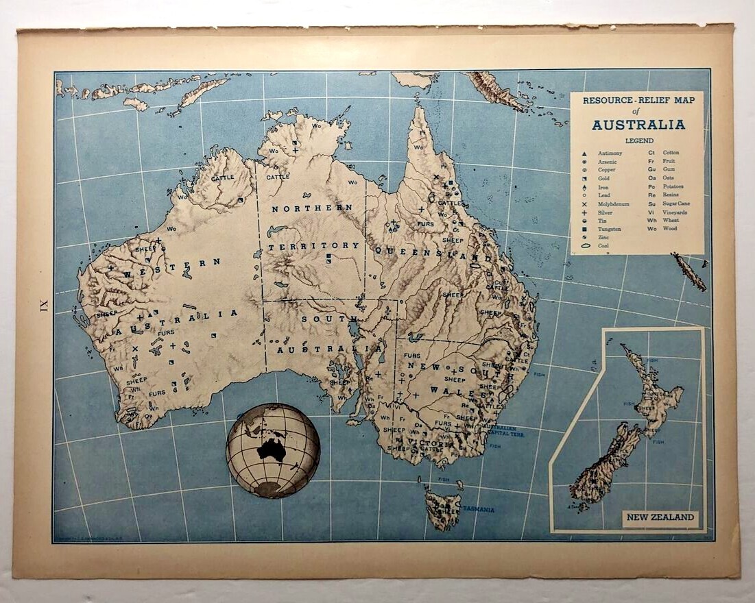 1947 Antique AUSTRALIA RELIEF Atlas Map - Vintage Old Hammond's World Atlas