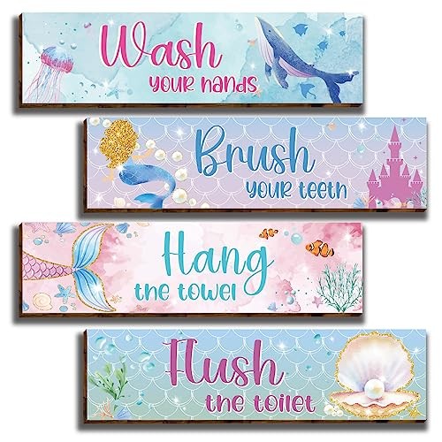 4 Pcs Watercolor Ocean Mermaid Bathroom Wall Decor Signs, Funny Bathroom Rules 