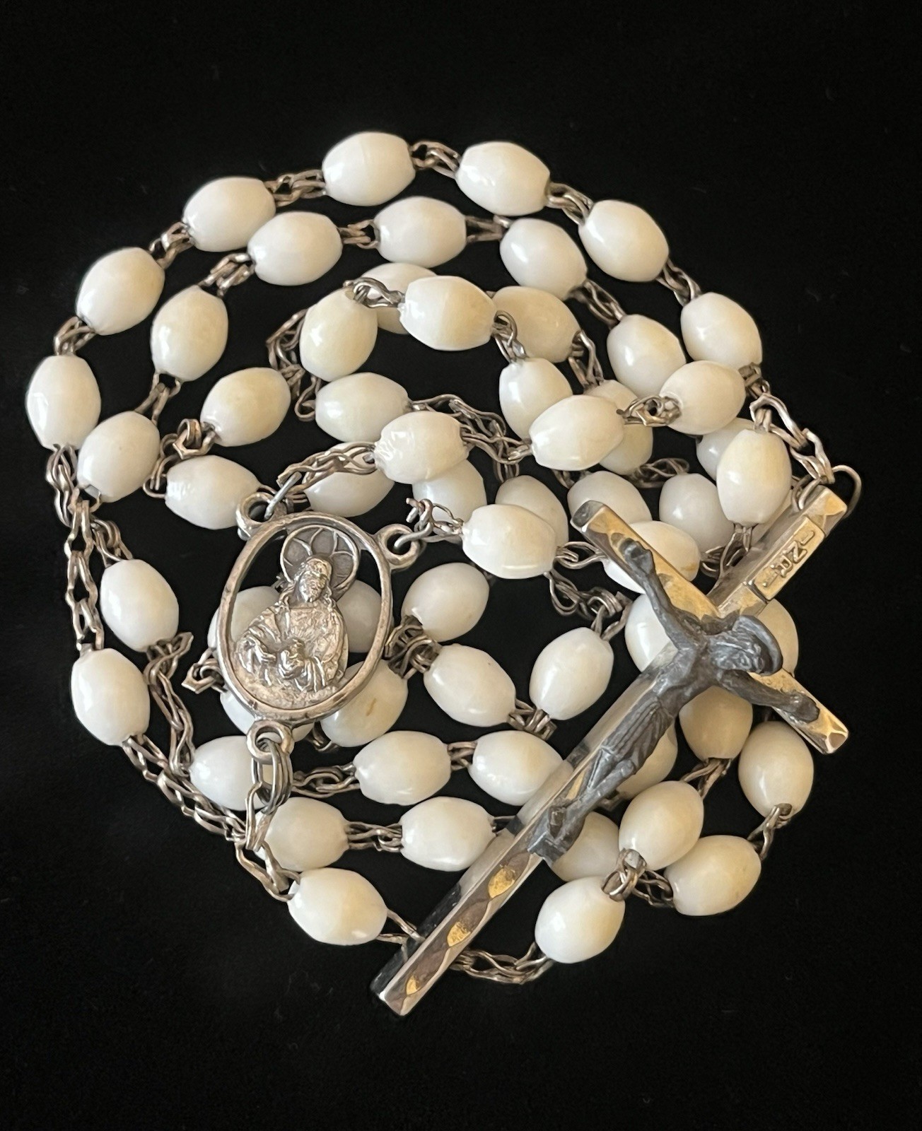 Vintage Ivory Glass Seed Bead 18” Rosary ITALY