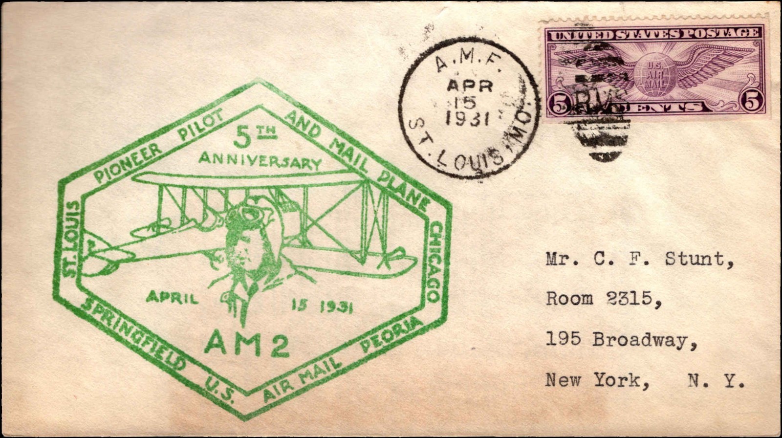 USA 1931 AM-2 5th Anniversary Pioneer Air Mail Flight Cover St Louis