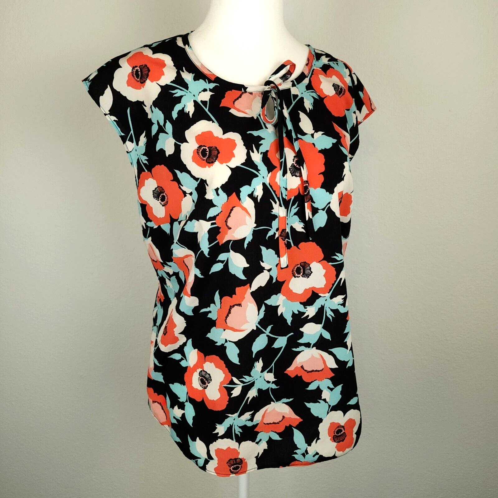 Talbots Sleeveless Blouse Poppy Red-orange & Black Floral Women's Size 8 Career