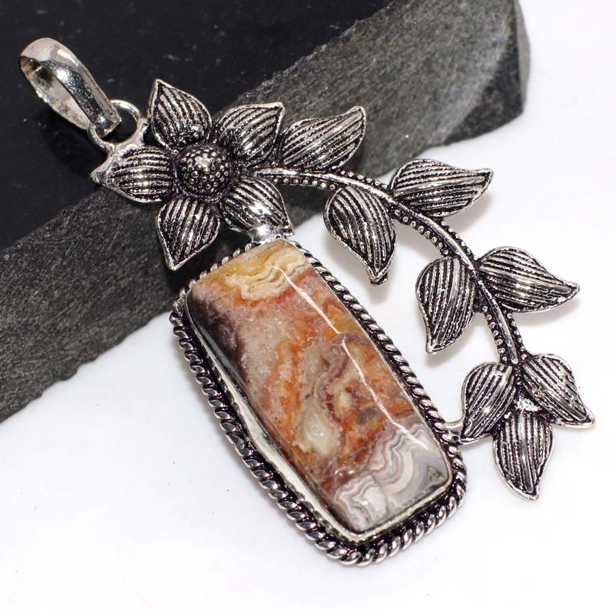 925 Silver Plated Flower Leaf Mexican Laguna Lace Pendant Size 2.4" GW