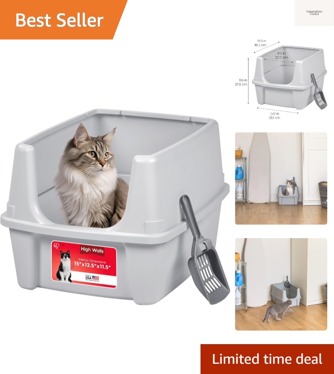 Large Cat Litter Box with Scatter Shield and Scoop, Open Top High Sided Cat L...