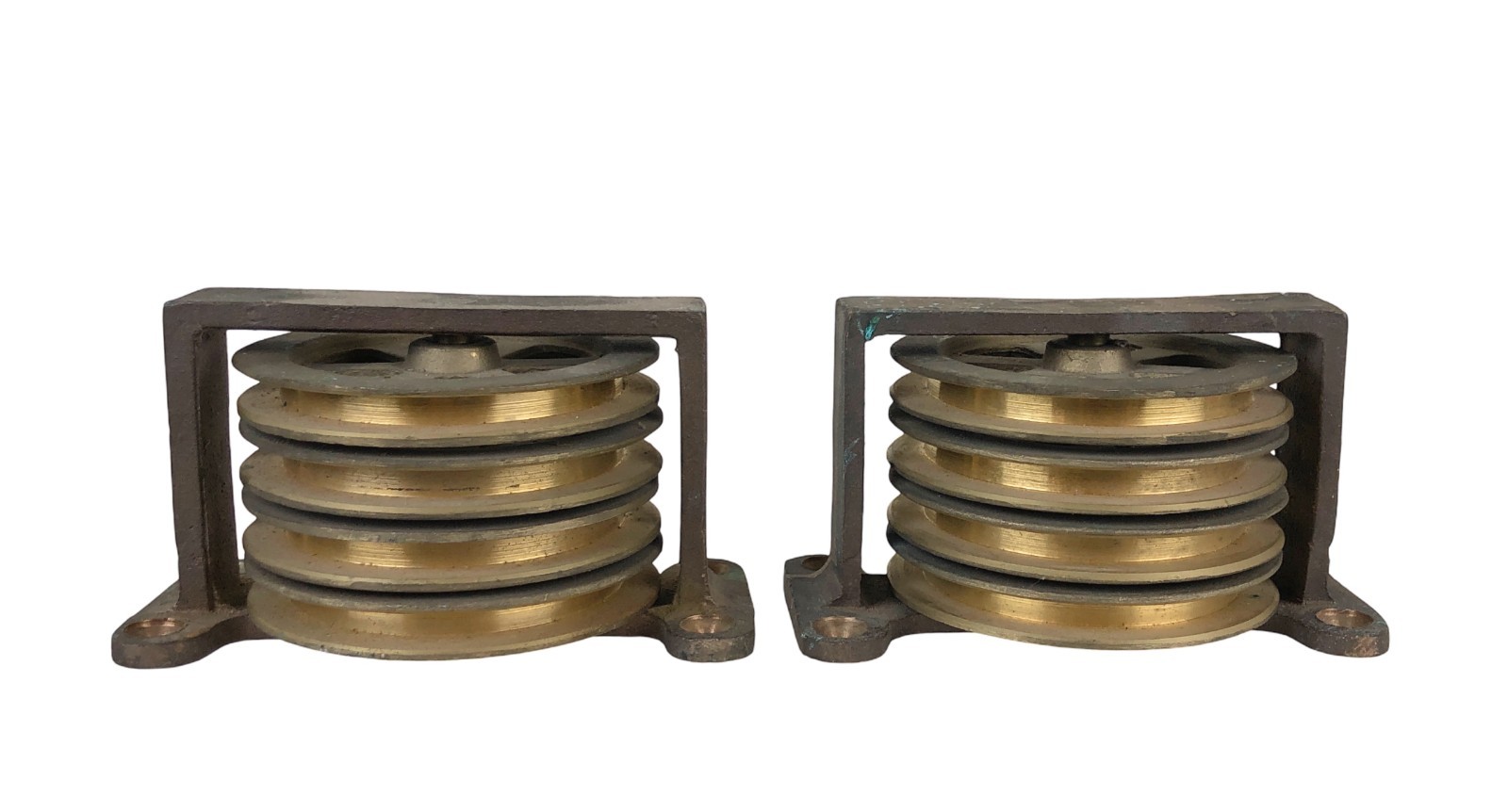 Rare Set TWO Vintage Nautical Brass Pulley Blocks Four Independent Brass Sheaves