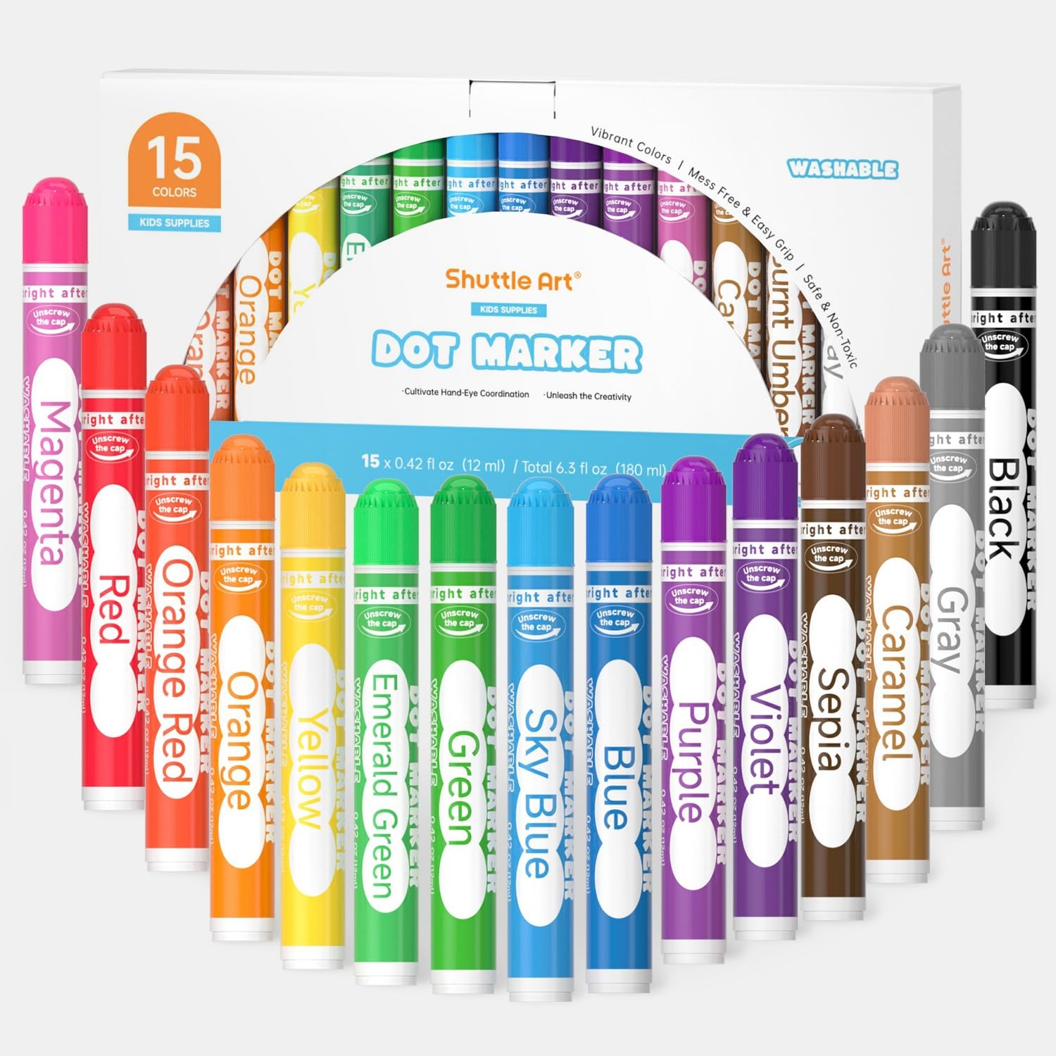 Shuttle Art Dot Markers, 15 Colors Washable 1 Count (Pack of 15), 15 