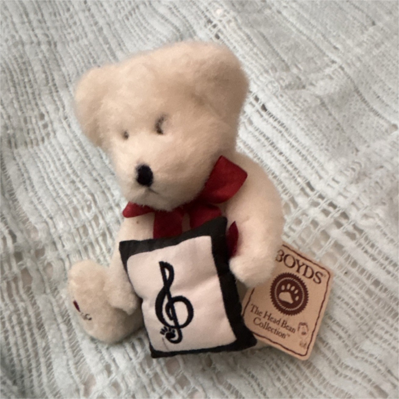 Boyds The Head Bean Collection I Love Music White Plush Bear w/ Pillow & Bow