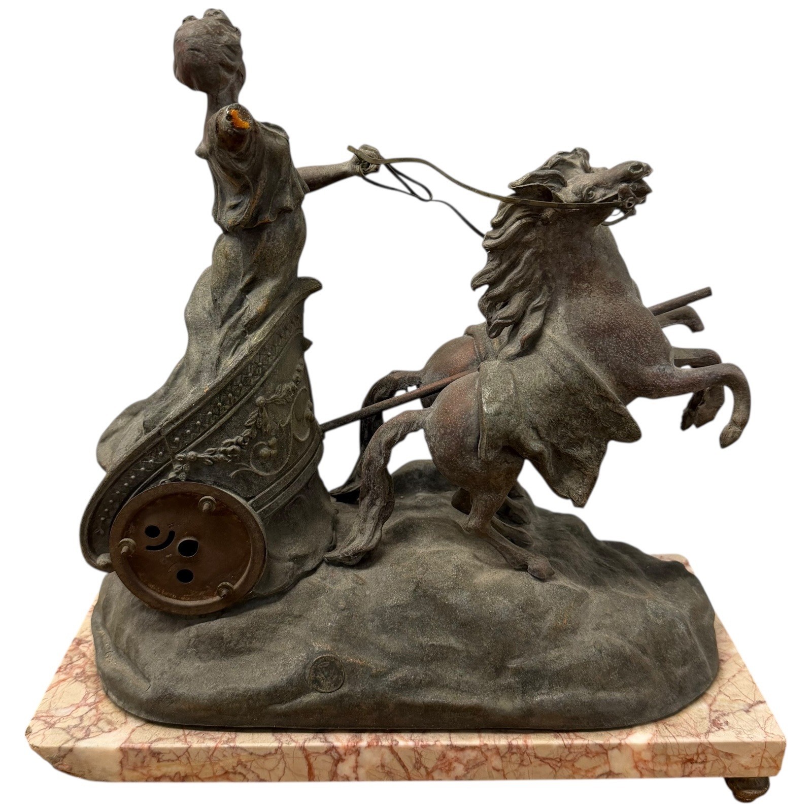 Vintage Spelter Chariot Mantel Clock Marble Base Lady & Horses Heavy Statue