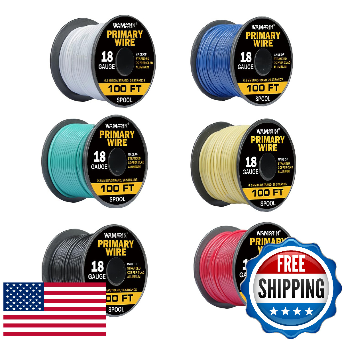Wamarin 18 Gauge Wire Combo - 6 Colors, 100ft Rolls (600ft Total) Copper