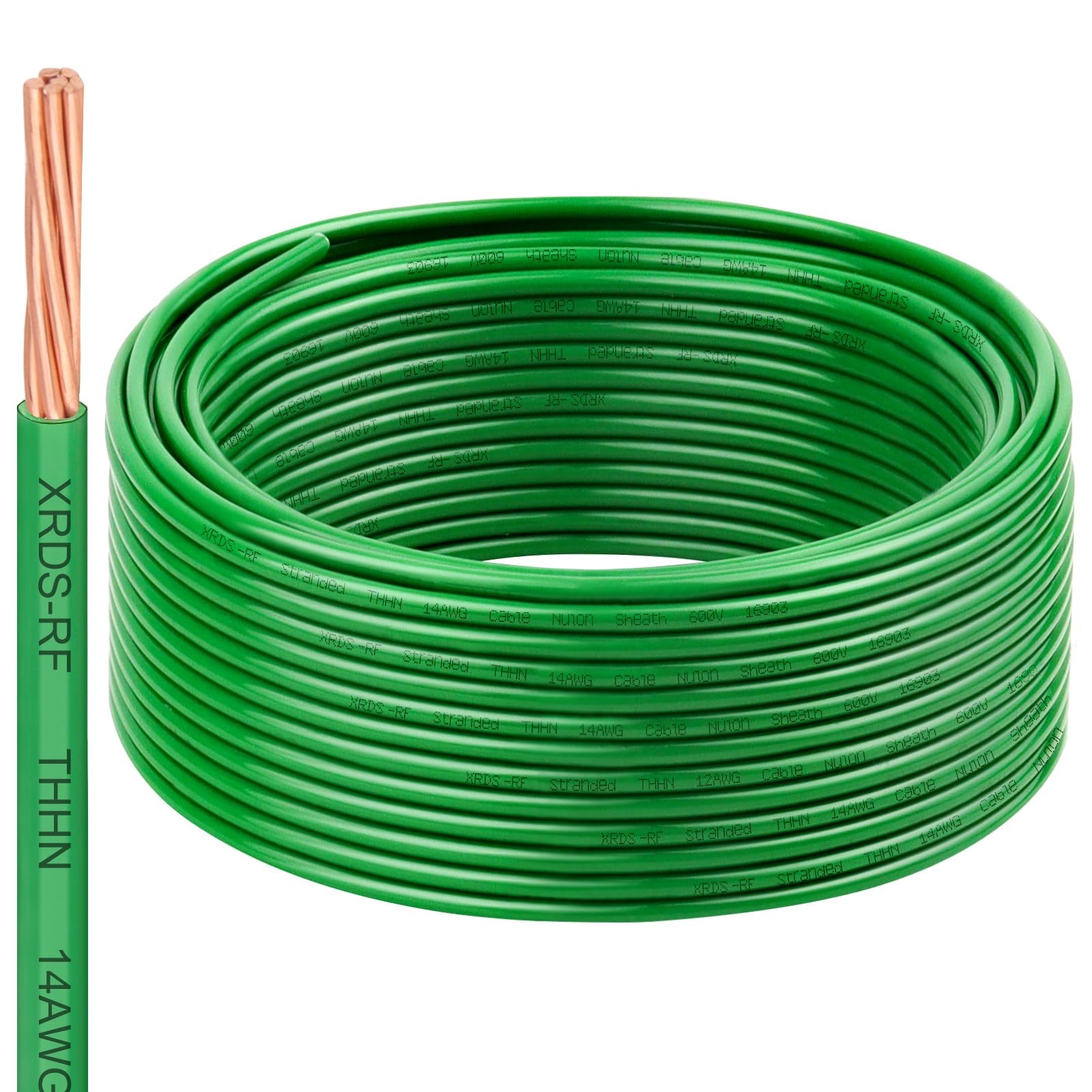 14 AWG THHN Stranded Bare Copper Wire, 50FT Green Grounding, 600V Electrical