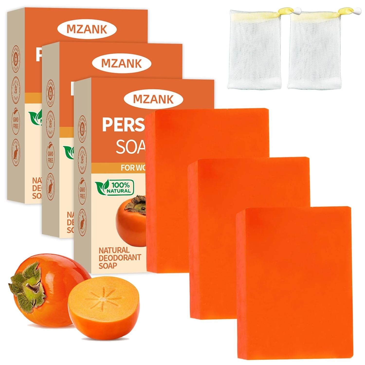 3 PACK Persimmon Soap Bar for Old People Smell,Natural Deodorant Body Face Bar S