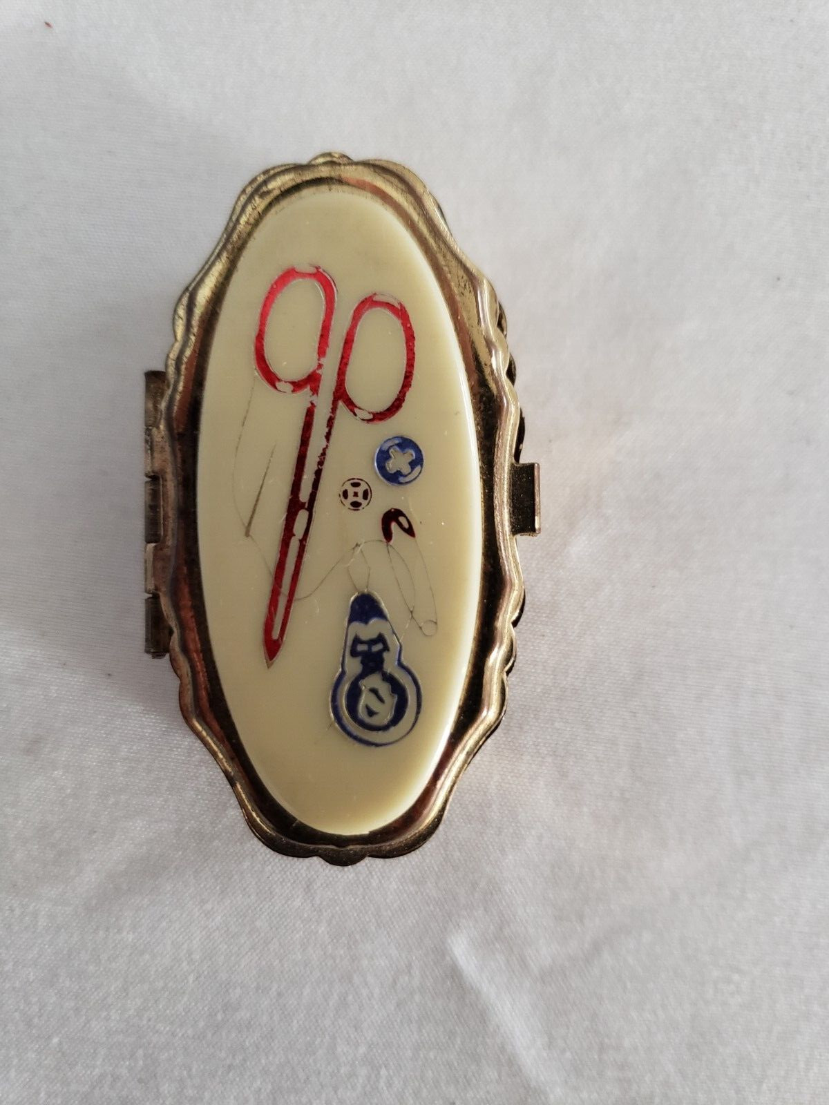 Vintage small travel sewing kit pill brass colored box no contents snap lid