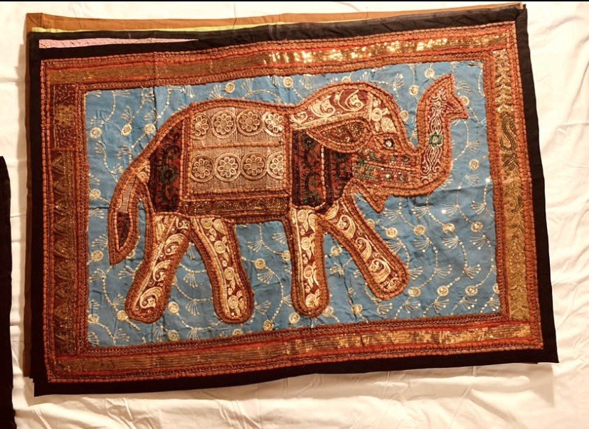 Spectacular Elephant Wall Hanging Beautiful Embroidered Vintage Fabrics 24”x36”