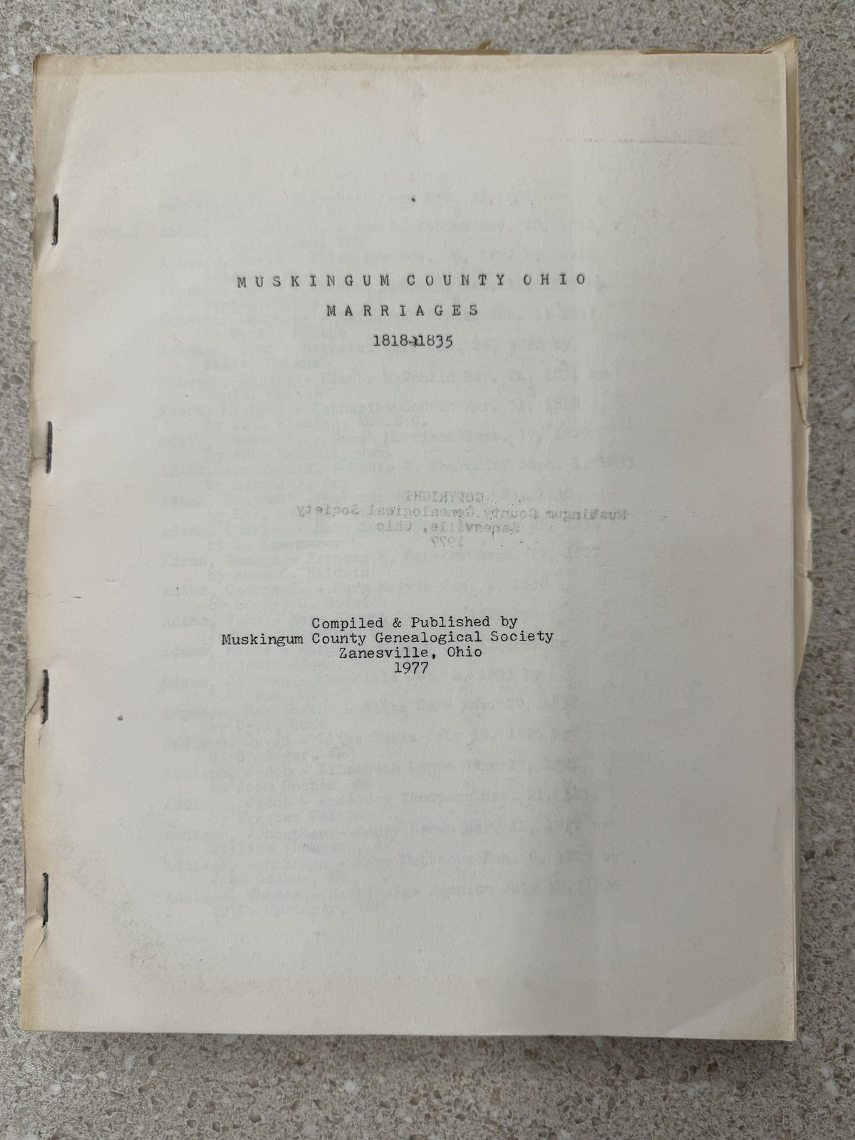 Muskingum County Ohio Marriages 1818-1835 Genealogy Records Book 1977 History