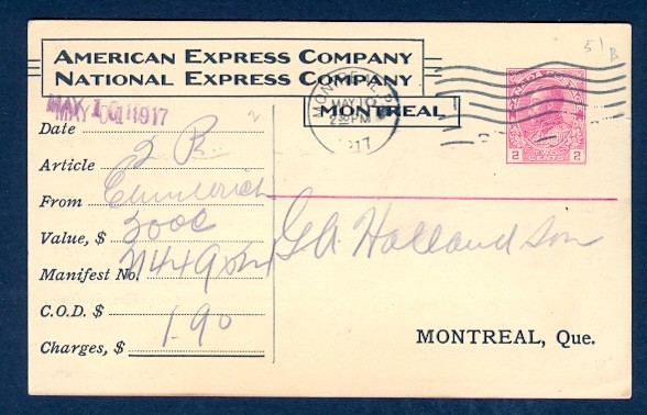 CANADA 1917 AMERICAN EXPRESS CO 2c ADMIRAL TYPE 2 POSTAL CARD