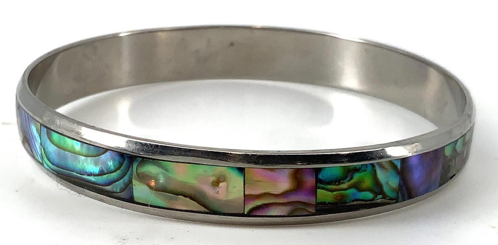 Vintage Alpaca Abalone Shell Inlay Boho Bangle Bracelet Silver Tone Stackable