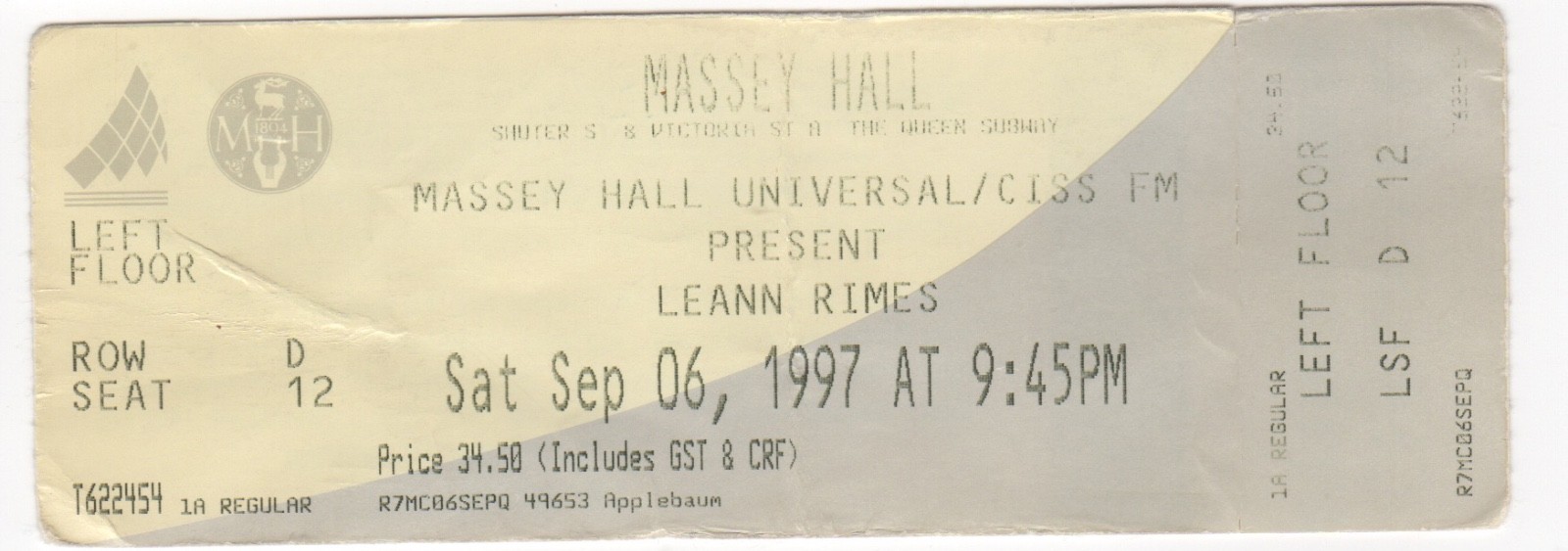 Leann Rimes Concert Ticket Stub Massey Hall September 06 1997