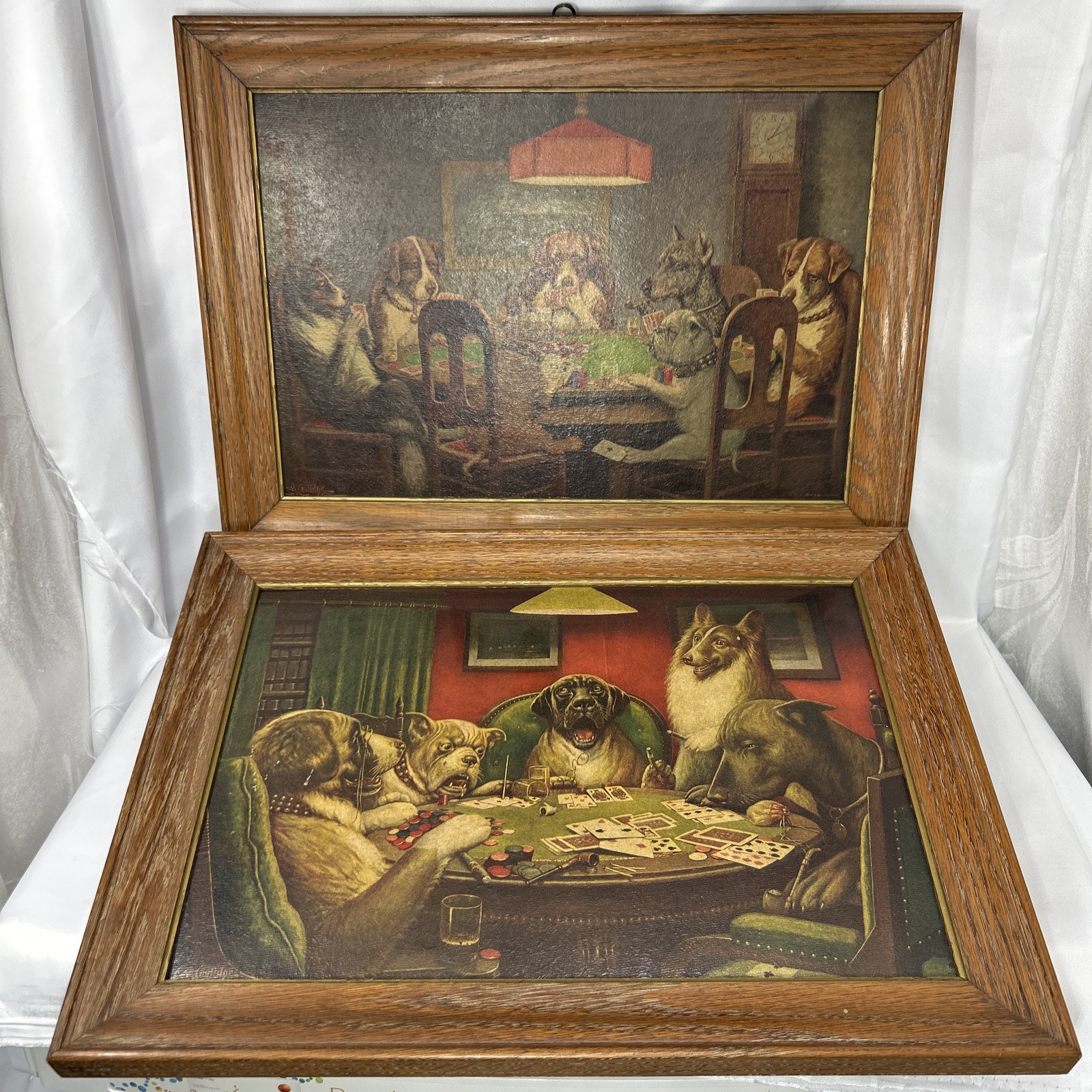 VTG Coolidge Poker Dogs A WATERLOO and A FRIEND IN NEED 12"x8" CARDBOARD Framed